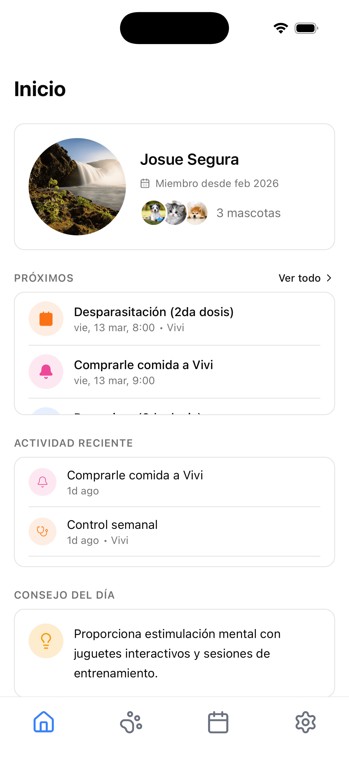 Pantalla de inicio de la app de VeteTrack